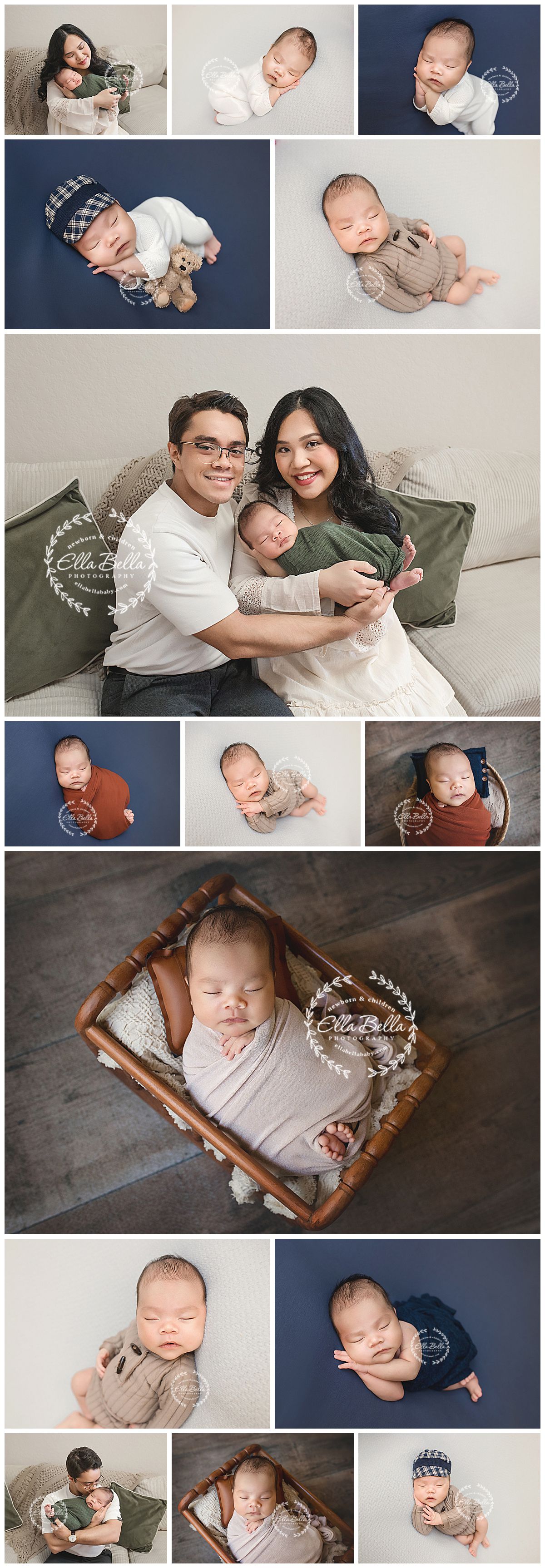 A collection of newborn photography portraits showing peaceful sleeping poses and family moments in neutral tones.