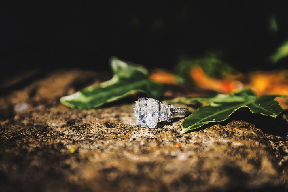 Wedding ring macro photography series on natural textures with selective focus and bokeh effects.