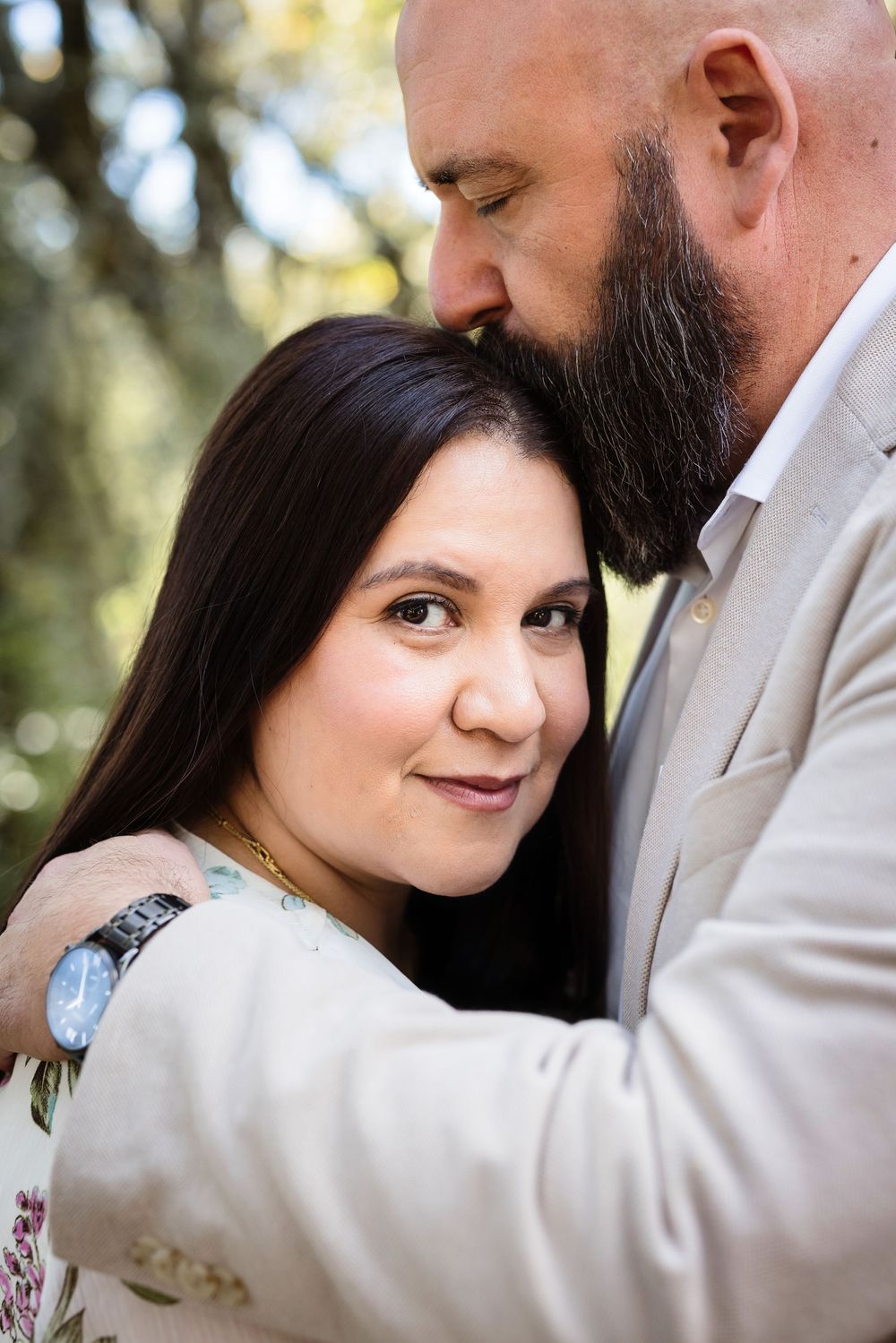 Romantic couple portrait series showing intimate close-up moments in an outdoor setting with natural lighting.