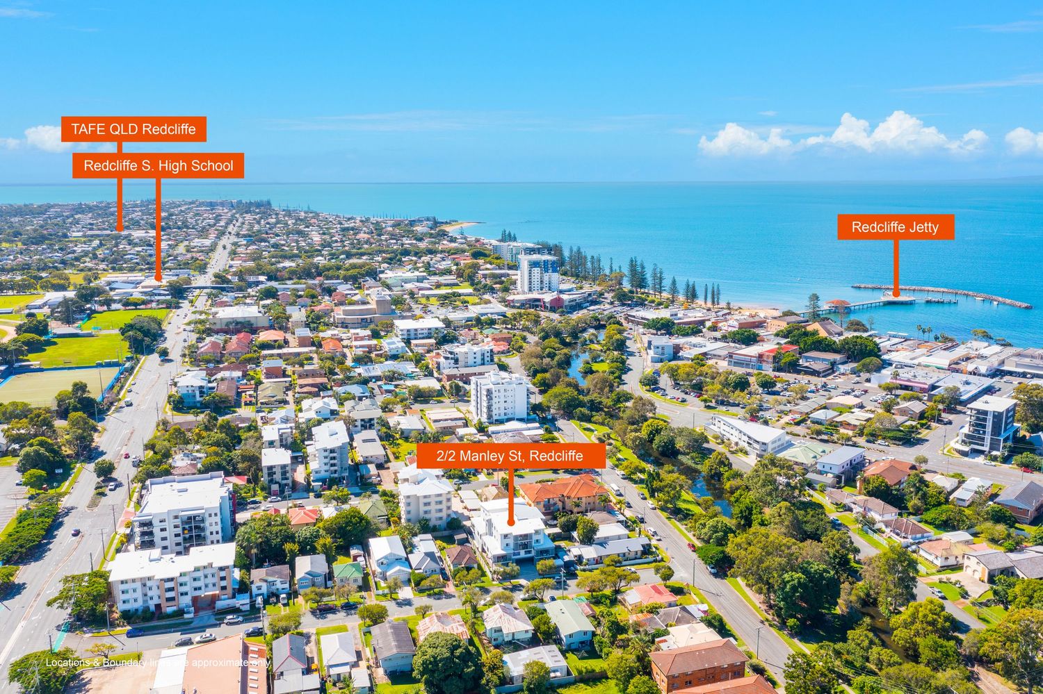 Aerial view of Harvey St Redcliffe near Redcliffe Jetty, TAFE QLD, and Redcliffe State High School.