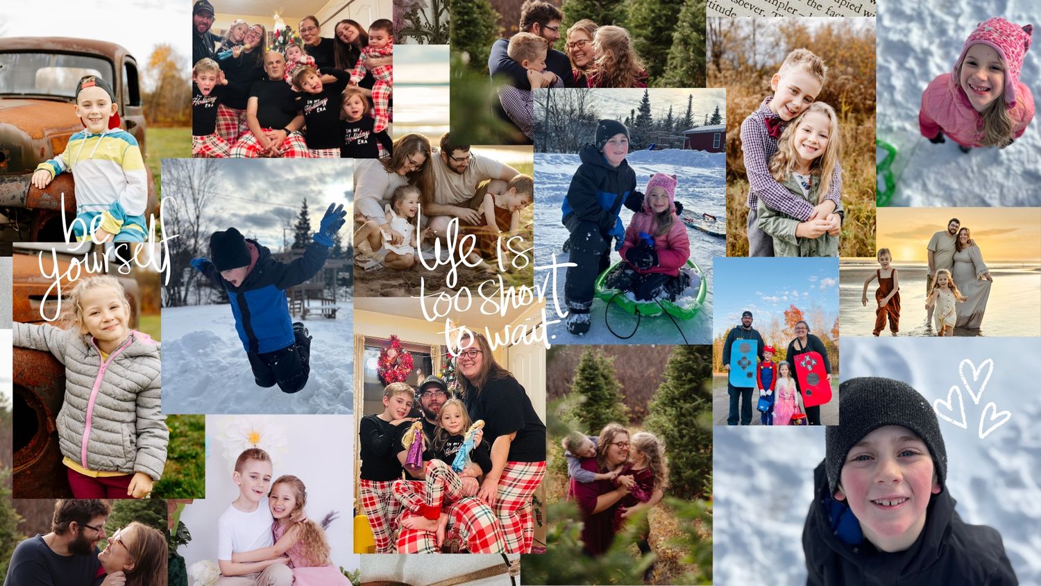Thalie photography Collage of family winter photos featuring snow activities and outdoor holiday memories.