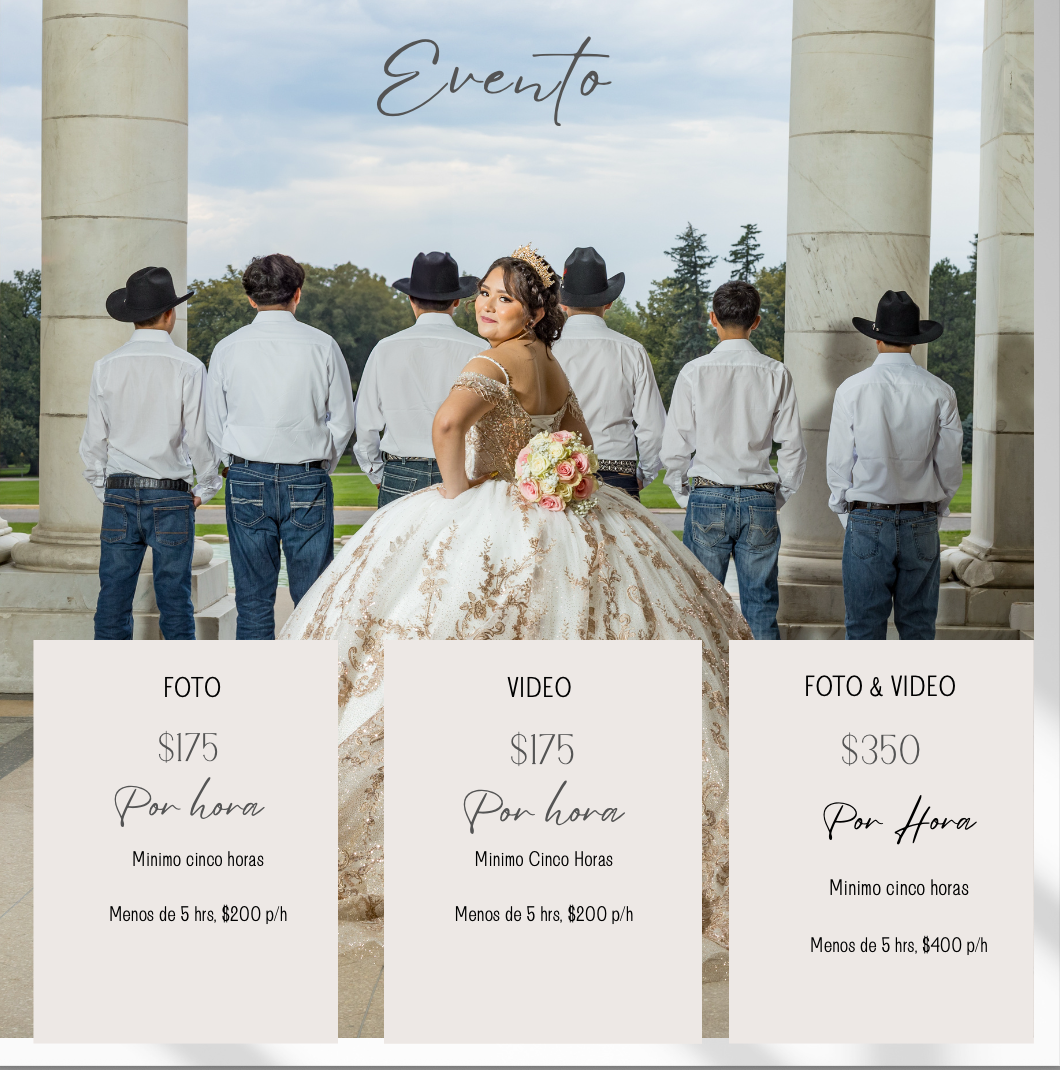 A quinceañera in an elegant white gown poses with her escort party wearing matching cowboy outfits against white columns.