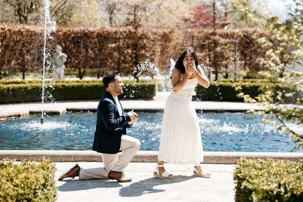 A romantic proposal taking place by a serene fountain in a garden setting during a sunny afternoon.