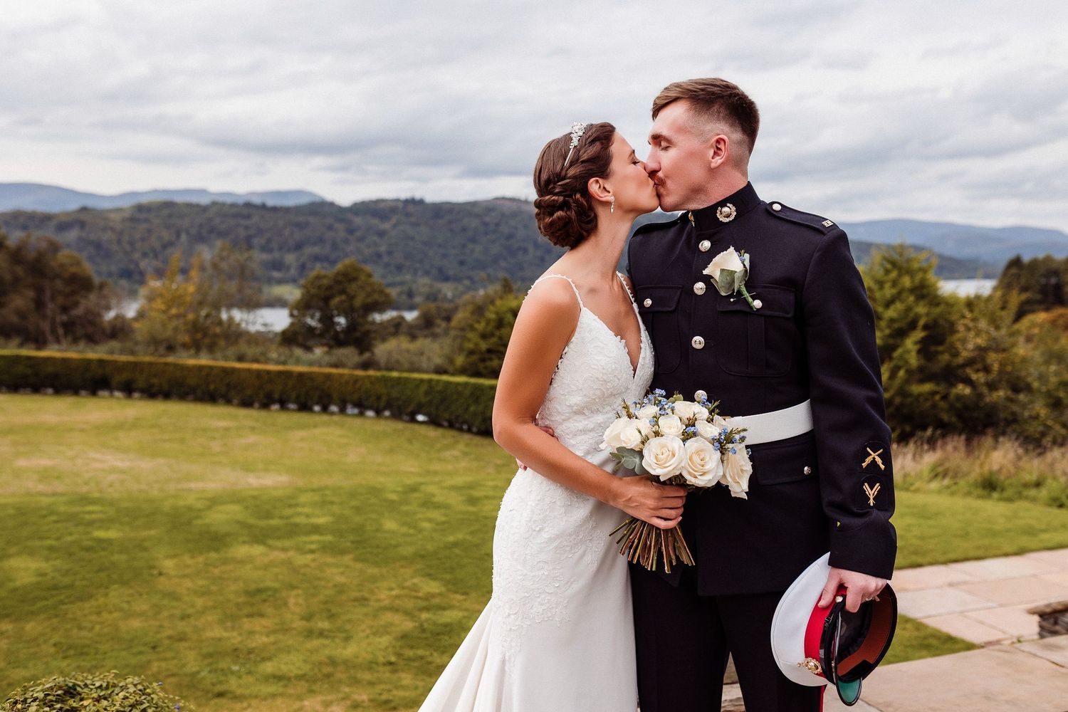 Romantic wedding couple shares intimate moments across scenic mountain landscapes and outdoor venues.