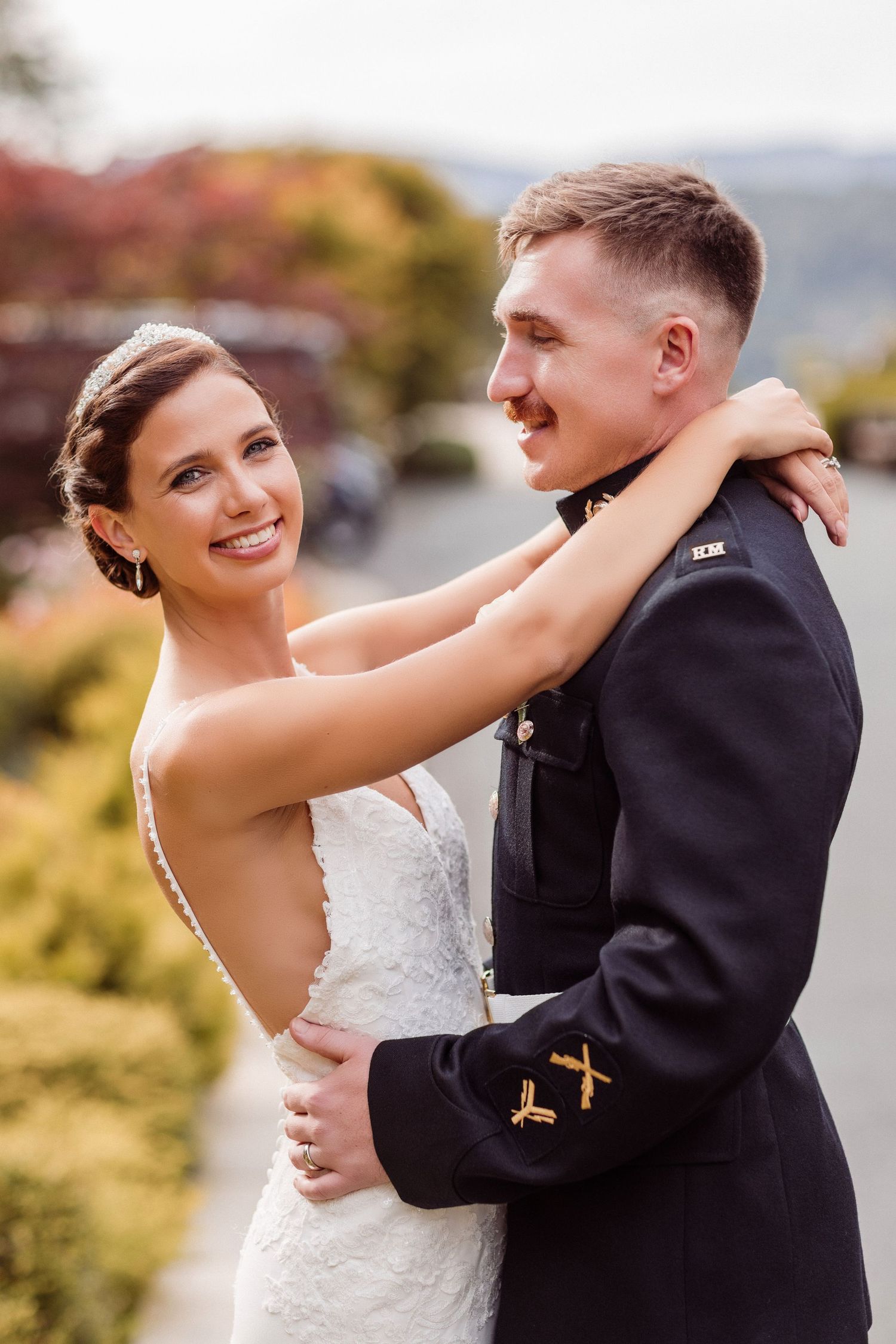 A series of intimate wedding portraits showing tender moments between newlyweds outdoors.