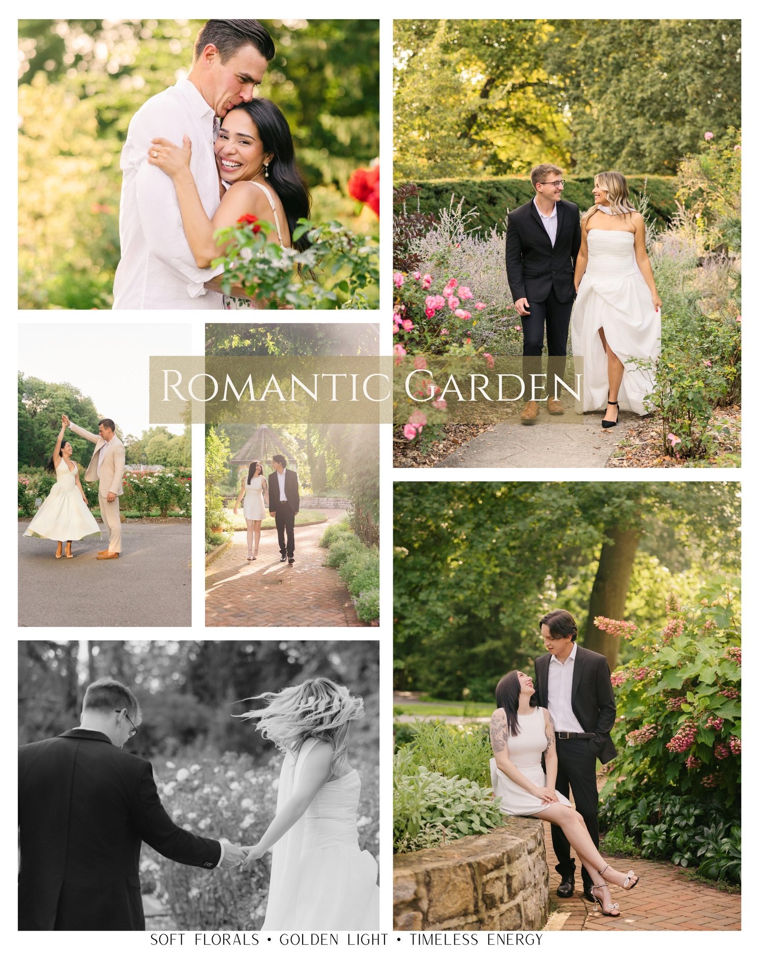 Romantic garden wedding photography collage featuring couples in elegant attire amid lush greenery  Columbus, Ohio Engagement Park of roses.