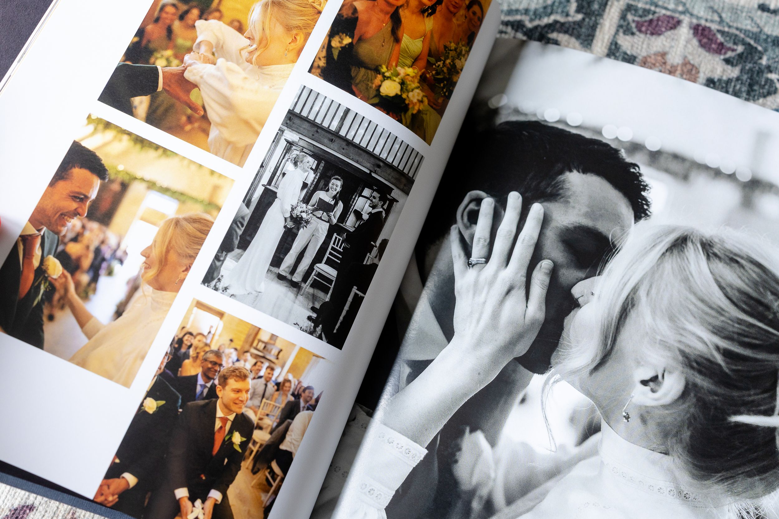 A collage of black and white and color wedding photos showing candid moments and details from a celebration.