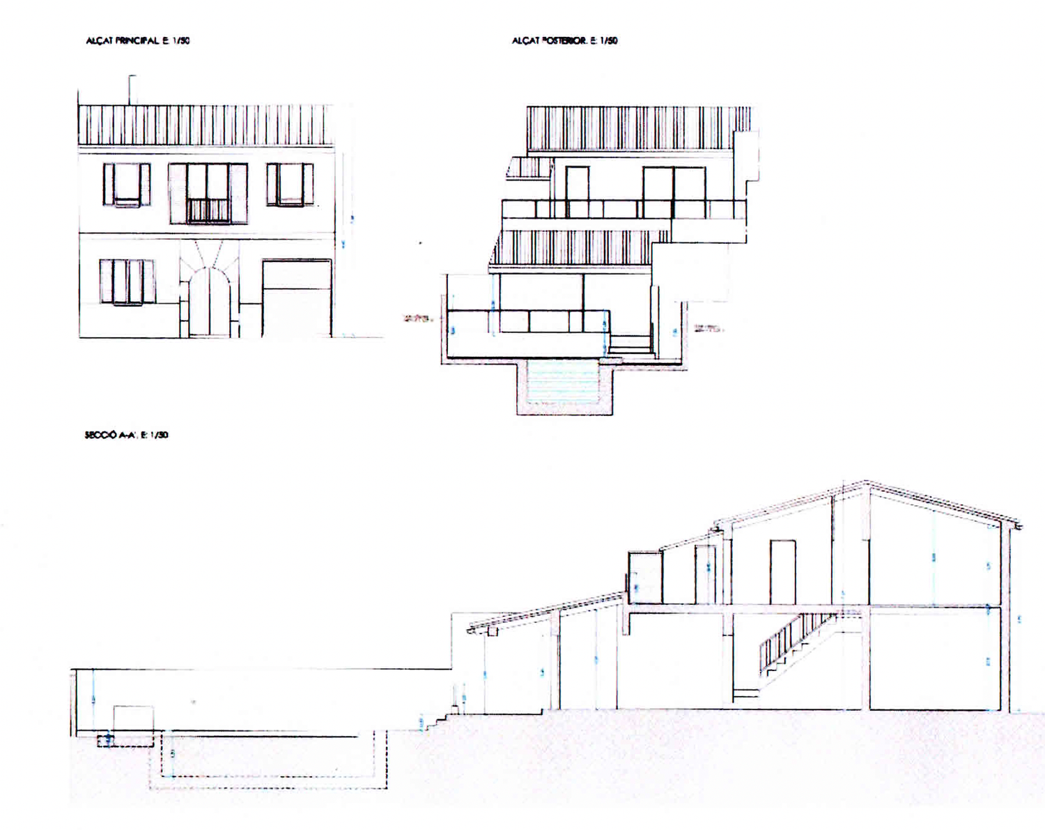 Architectural elevation drawings showing multi-level house design with detailed measurements.