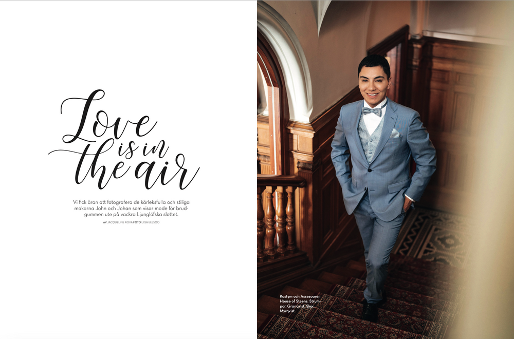 Elegant wedding magazine spread with text 'Love is in the air' and formal attire photography.
