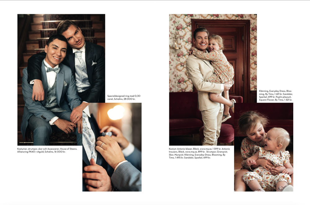 Editorial fashion magazine spread showing elegant formal attire and intimate portrait moments in vintage style.