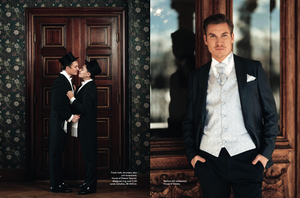 Classic black and white formal wear photography against wooden architectural details.