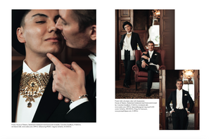 Fashion editorial spread featuring formal black tie attire and ornate gold jewelry.