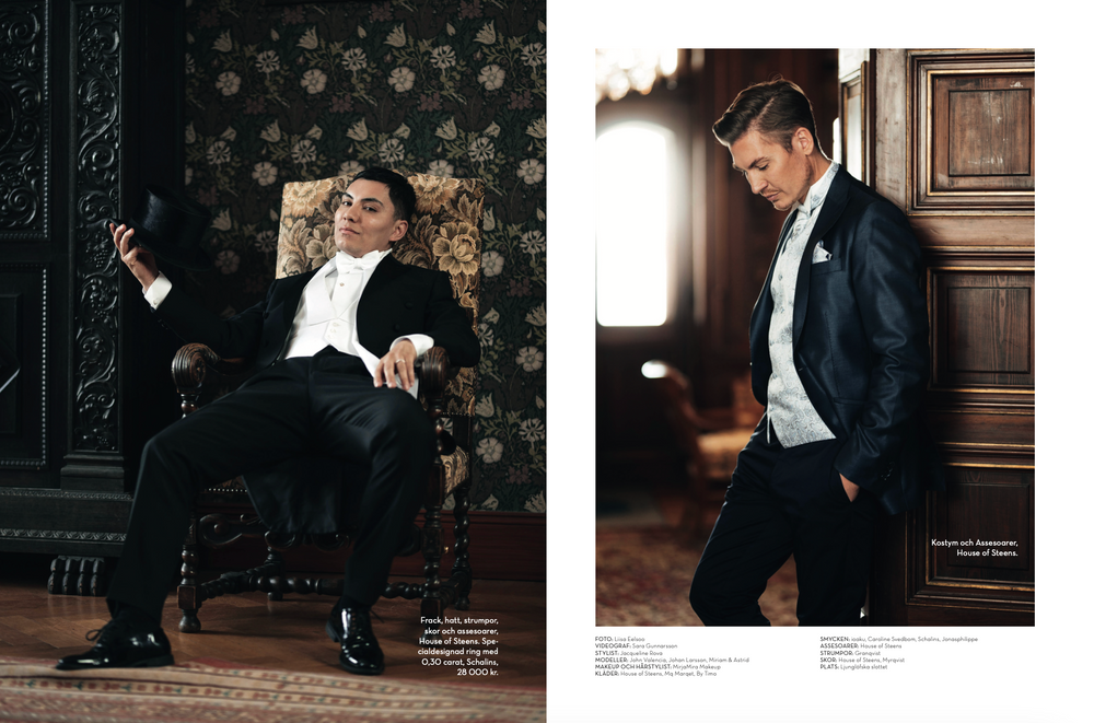 Editorial spread showing formal menswear against classic interior backgrounds.