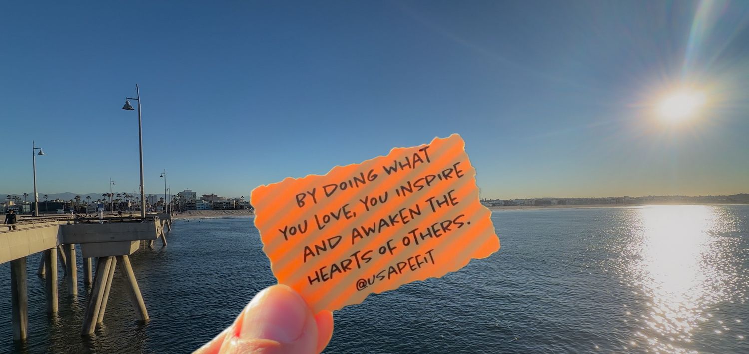 Panoramic collage of sunset views over a pier and ocean with handwritten signs visible in some frames.
