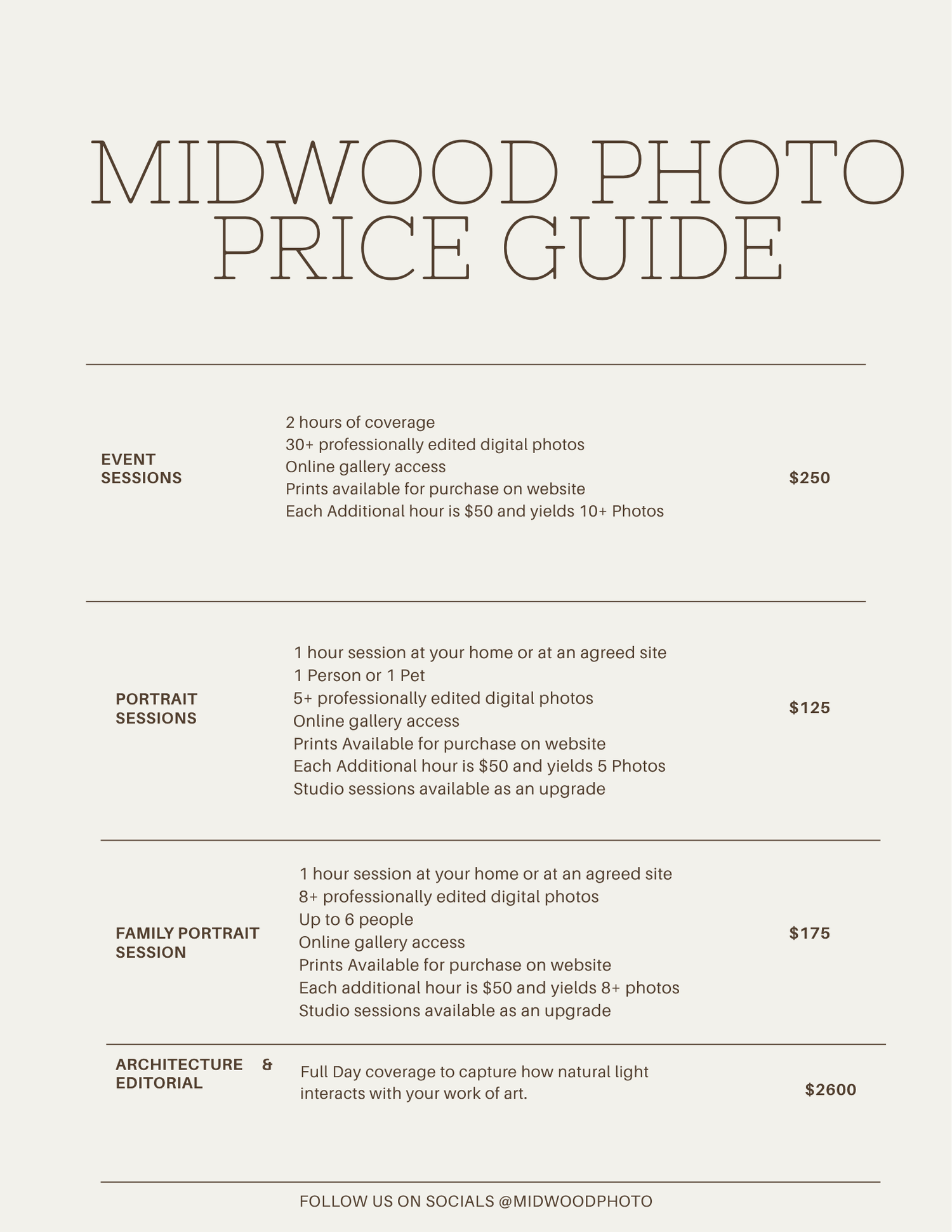 Image of Price guide for event session. Portrait session. Family Portrait session. Travel and Lifestyle. For more details select book here.