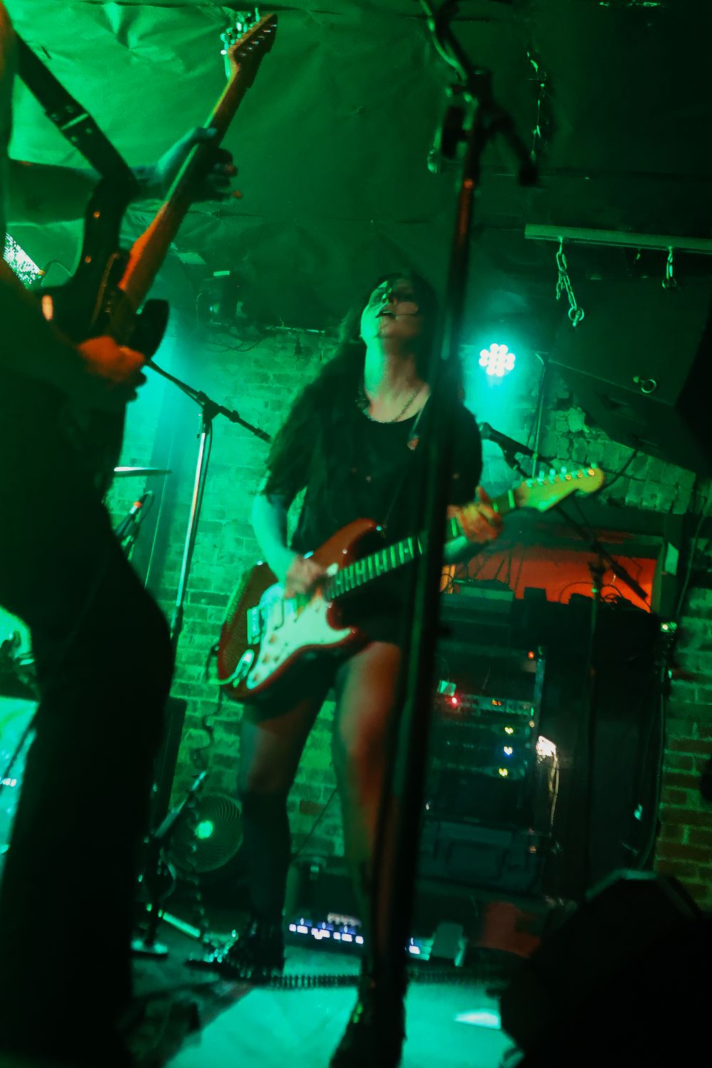 Musicians perform on a dimly lit stage bathed in vibrant green lighting during a live concert performance.