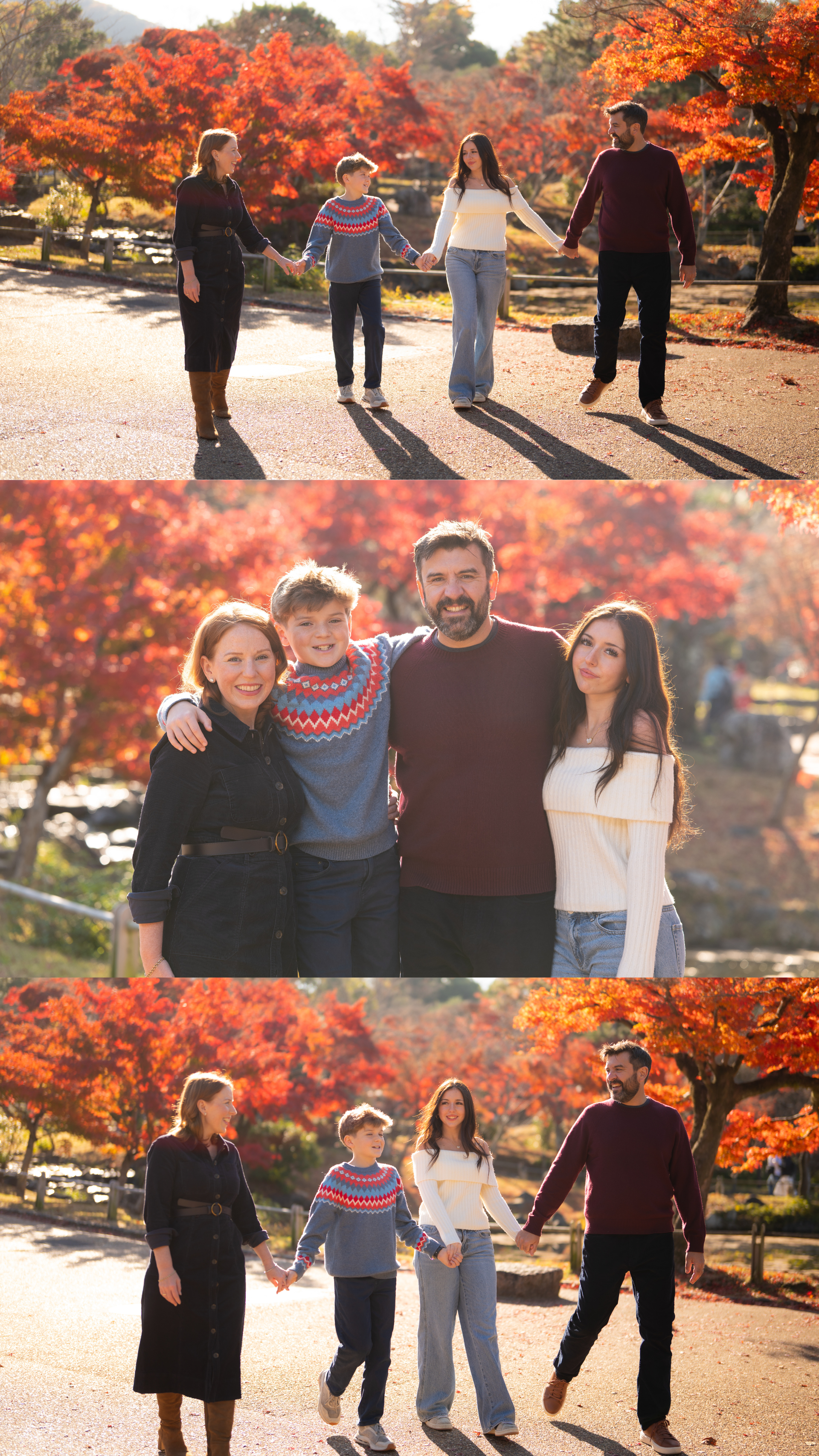 A family of four enjoys autumn foliage in a park, shown in three candid photo collage.