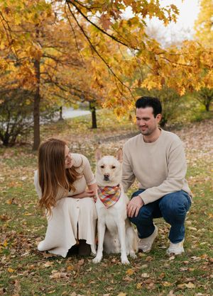 A couple and their two white dogs enjoy a fall day together on fallen leaves in a park setting.