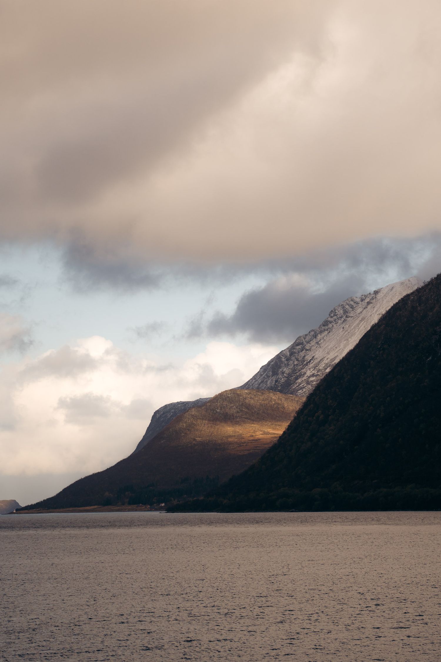 fjord norvégiens avec neige et couleurs d'automne à kvaloya proche de tromso