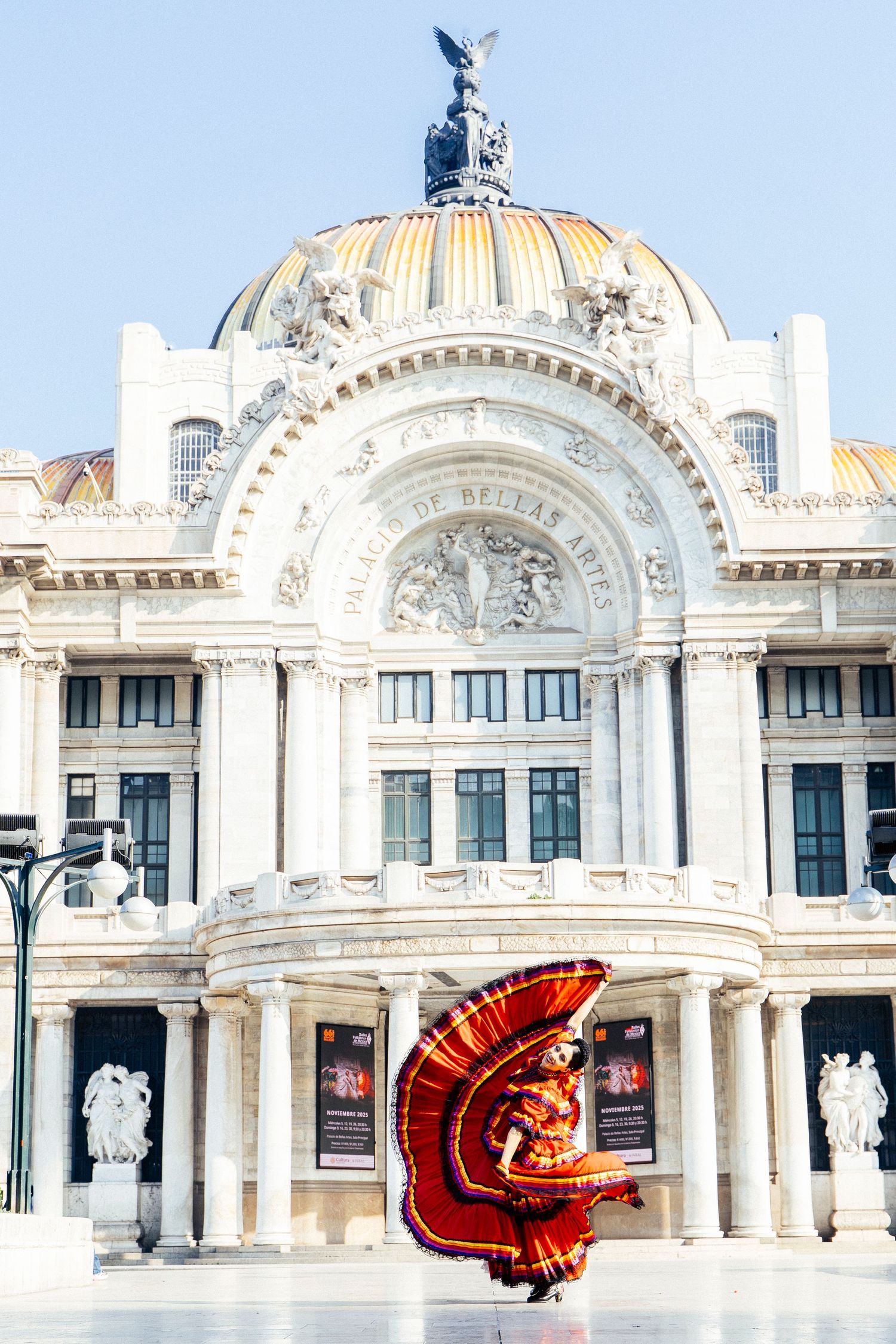 Professional Ballet Folklórico dance photoshoot at Palacio de Bellas Artes in Mexico City