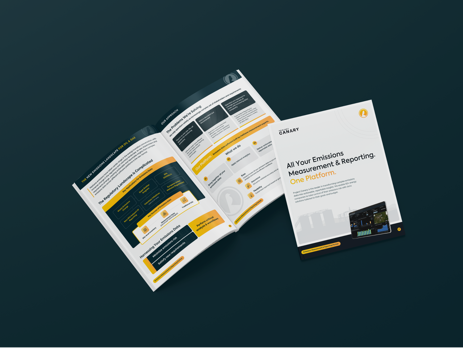 Professional brochure design spread featuring dark background and yellow accents.