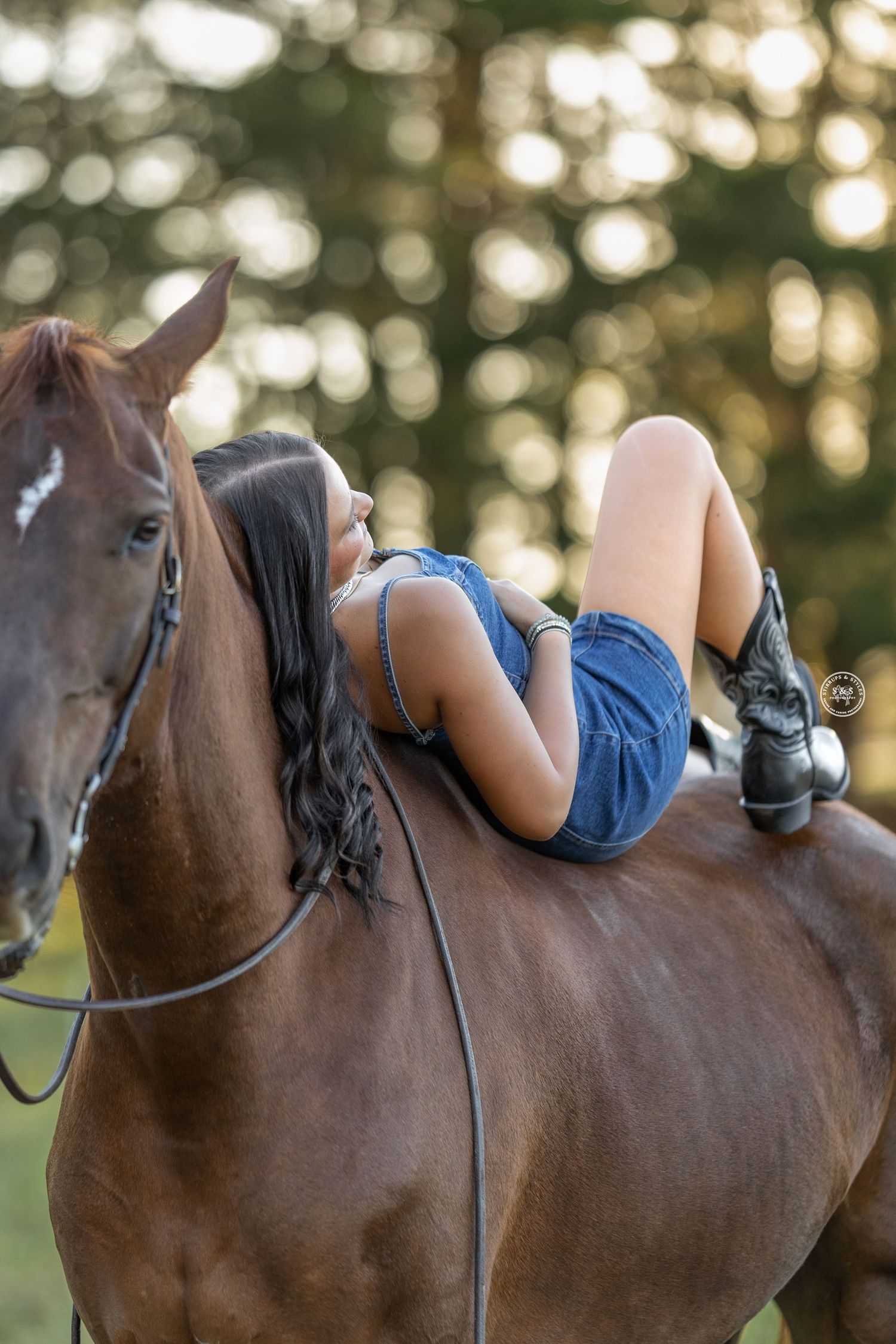 A series of photos showing someone lying on a brown horse's back in a relaxed pose with trees in the background.