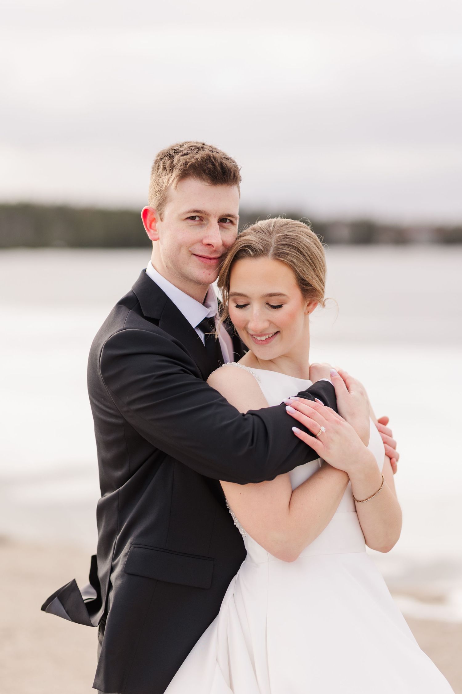 A romantic beach wedding photo sequence shows tender moments between a couple in formal attire.