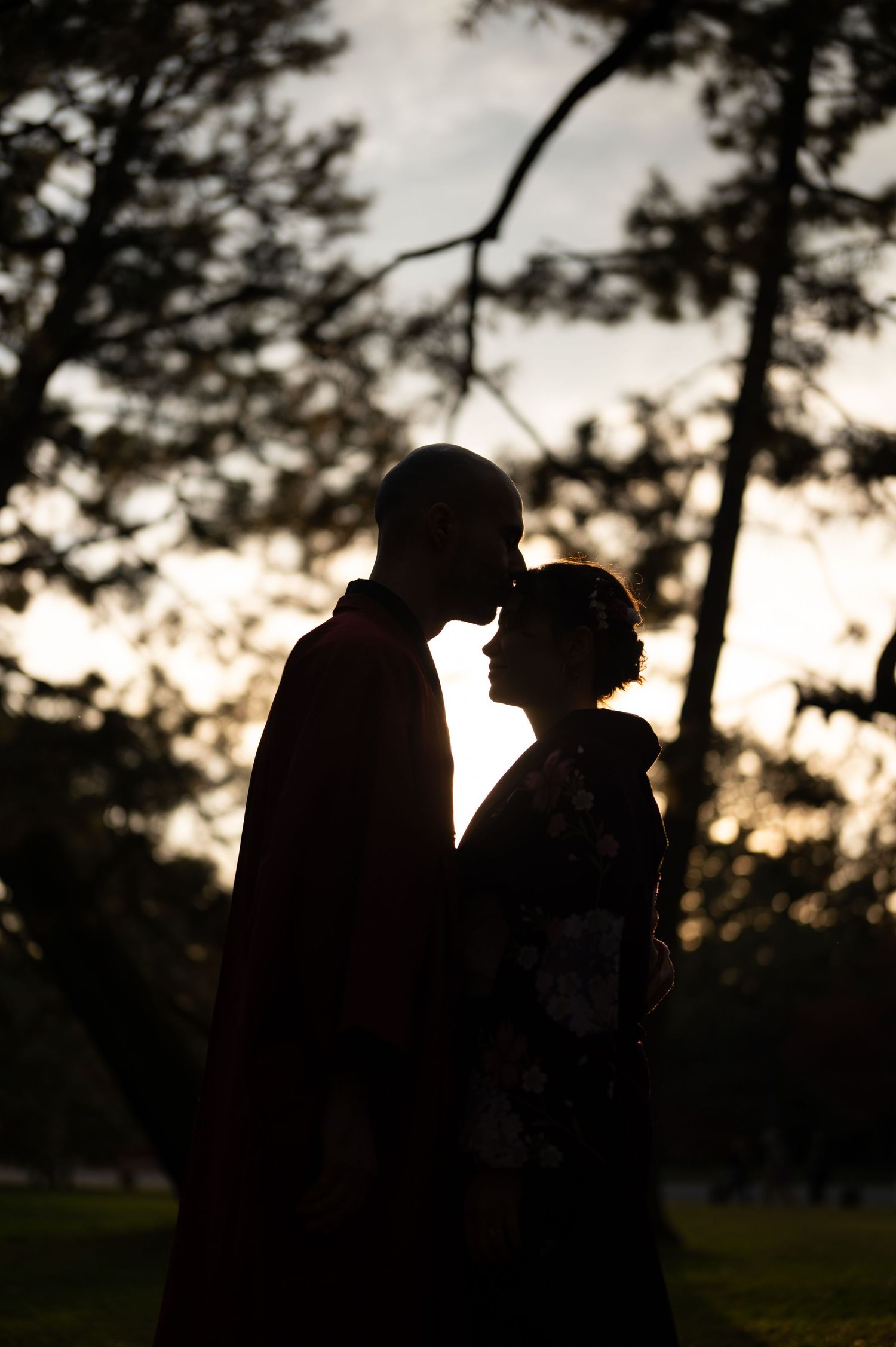 Couple silhouetted against a glowing sunset sky sharing an intimate moment beneath arching tree branches at dusk.
