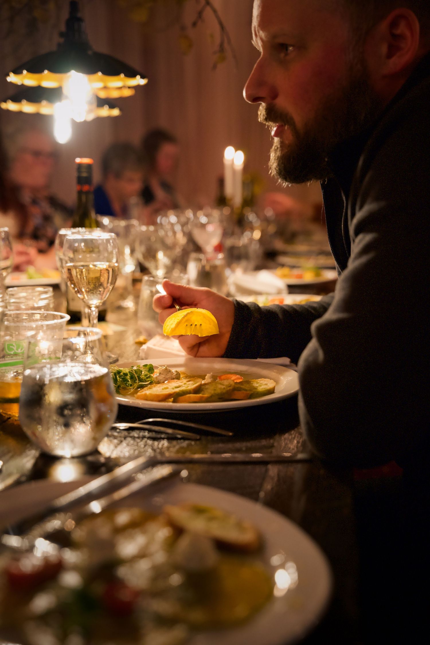 Elegant dinner service with plated meals and wine glasses in moody lighting.