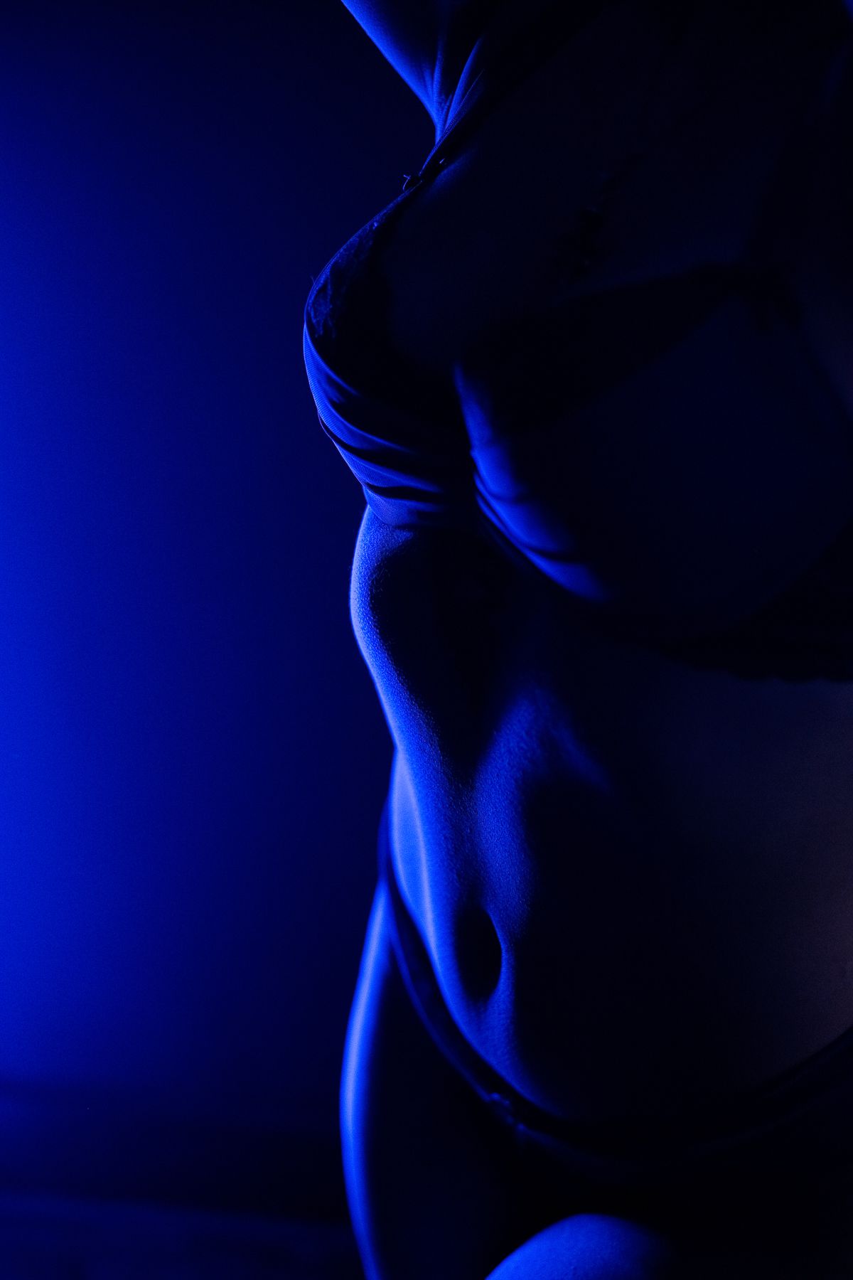 Abstract blue light illuminates silhouettes of curves and contours against a dark background creating a moody artistic effect.