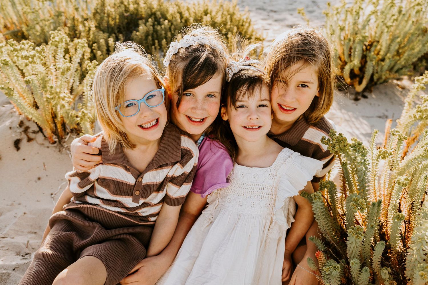 A group poses together outdoors with golden grasses and sunlight creating a warm, natural backdrop.