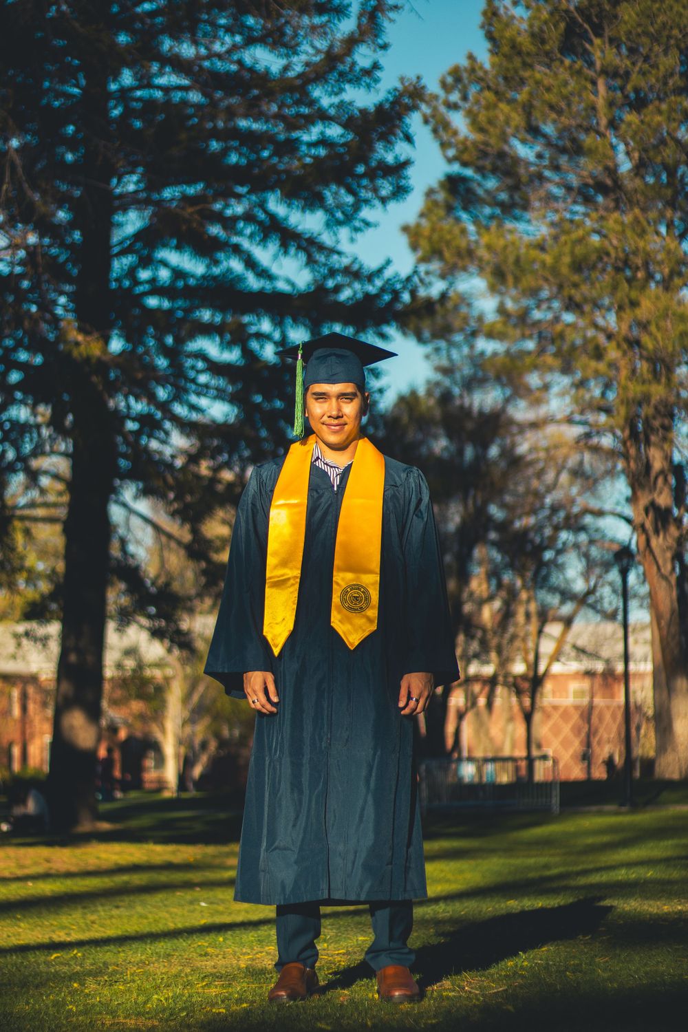 Graduate in navy cap and gown with yellow stole stands on sunny campus lawn surrounded by trees.