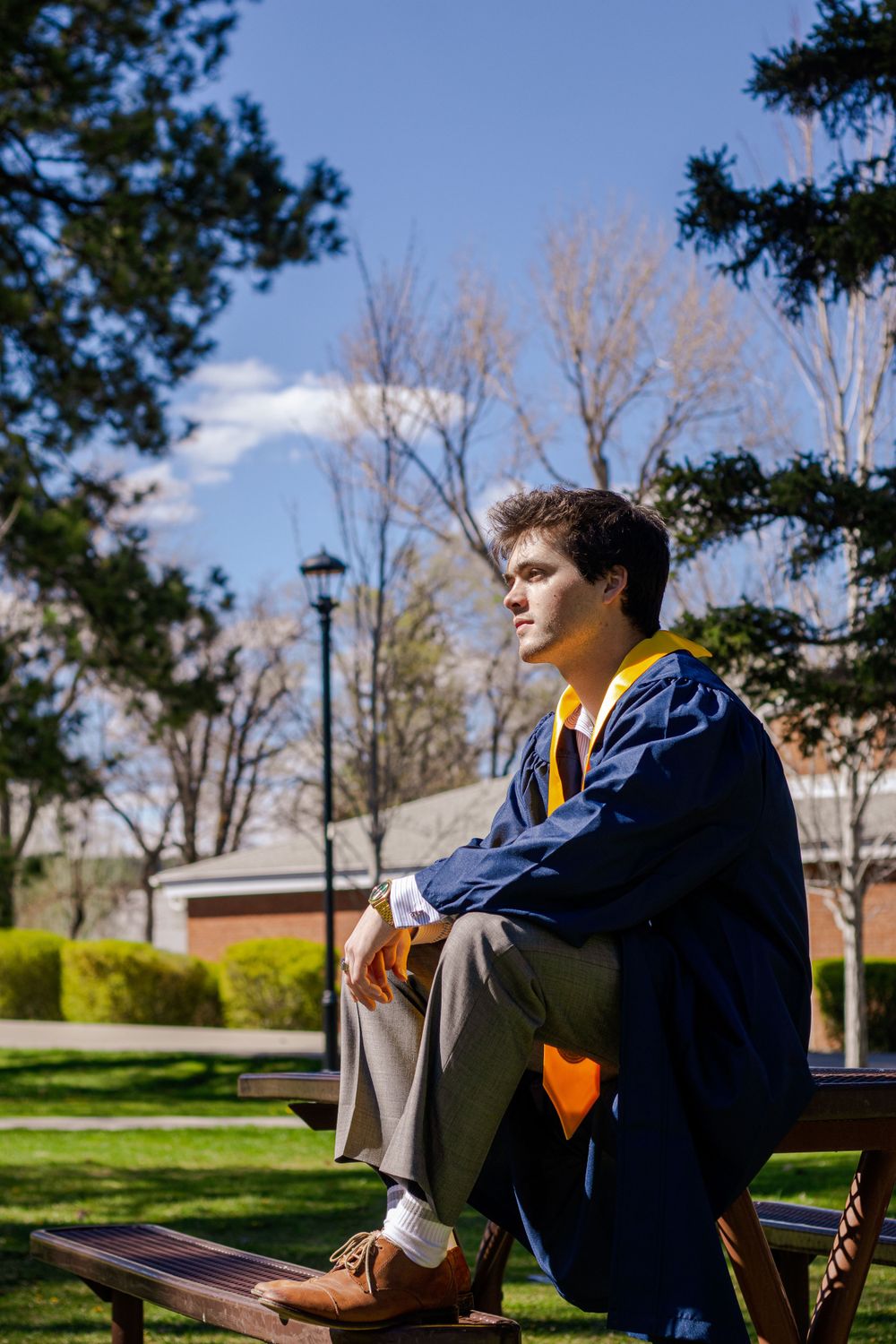 Graduate in blue academic regalia sits contemplatively on bench against sunny campus backdrop.