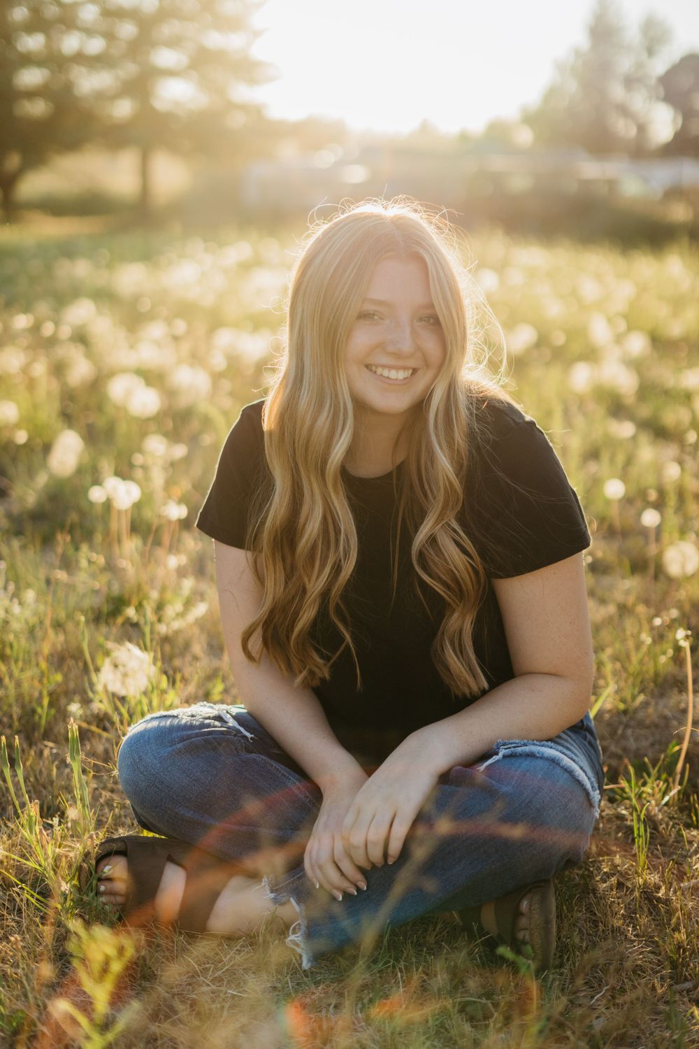 Portrait session in field of tall grass during golden hour.