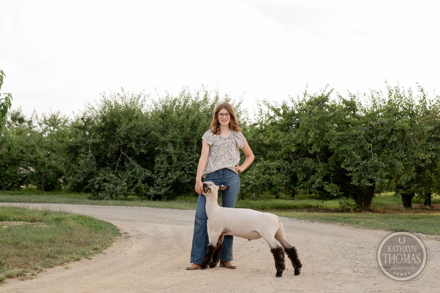 A show lamb stands beside someone wearing flares and a patterned top on a dirt path.