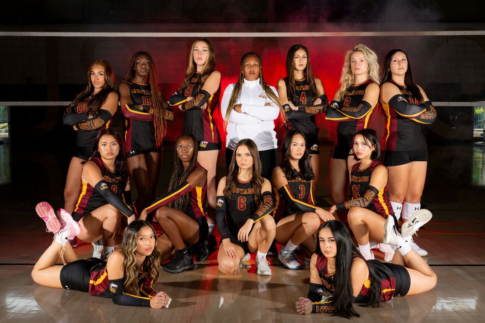 Volleyball team photo showing players in black uniforms posing on court with dramatic lighting.