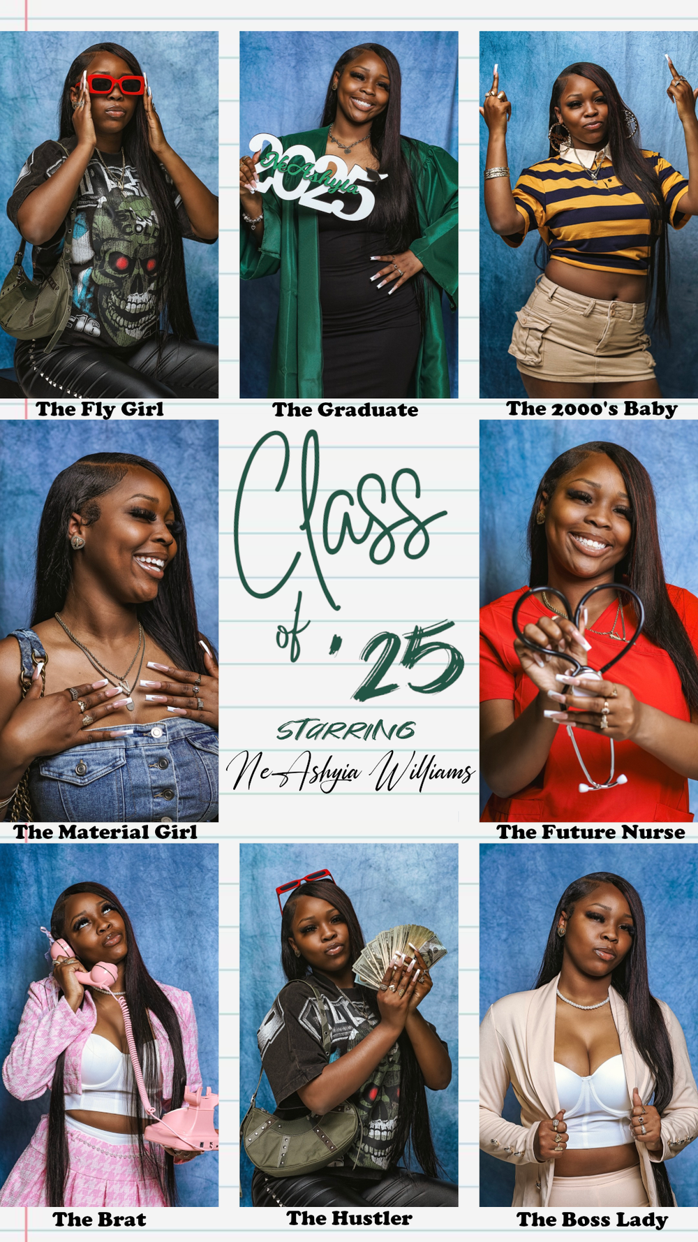 A grid of graduation photos showing person wearing different outfits representing roles from fly girl to boss lady, labeled Class of 25.