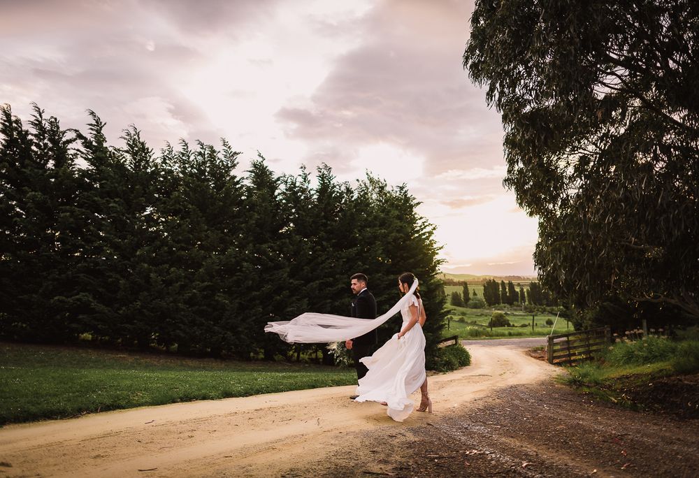 August and Vine wedding photography of bride and groom with veil blowing in the wind at olivio~nor martinborough