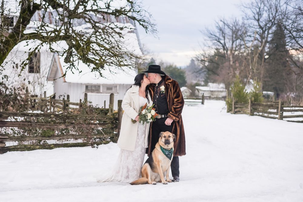 A bride and groom pose with their dog outside in the snow.