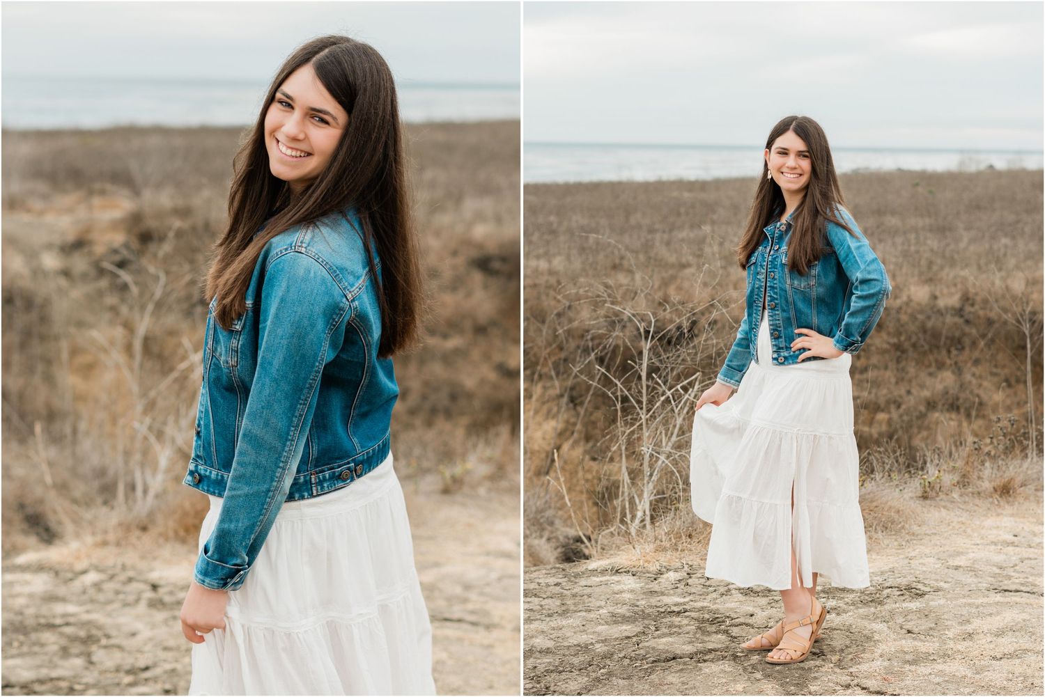 playful senior session with san luis obispo high school senior in san luis obispo county in jean jacket and white skirt