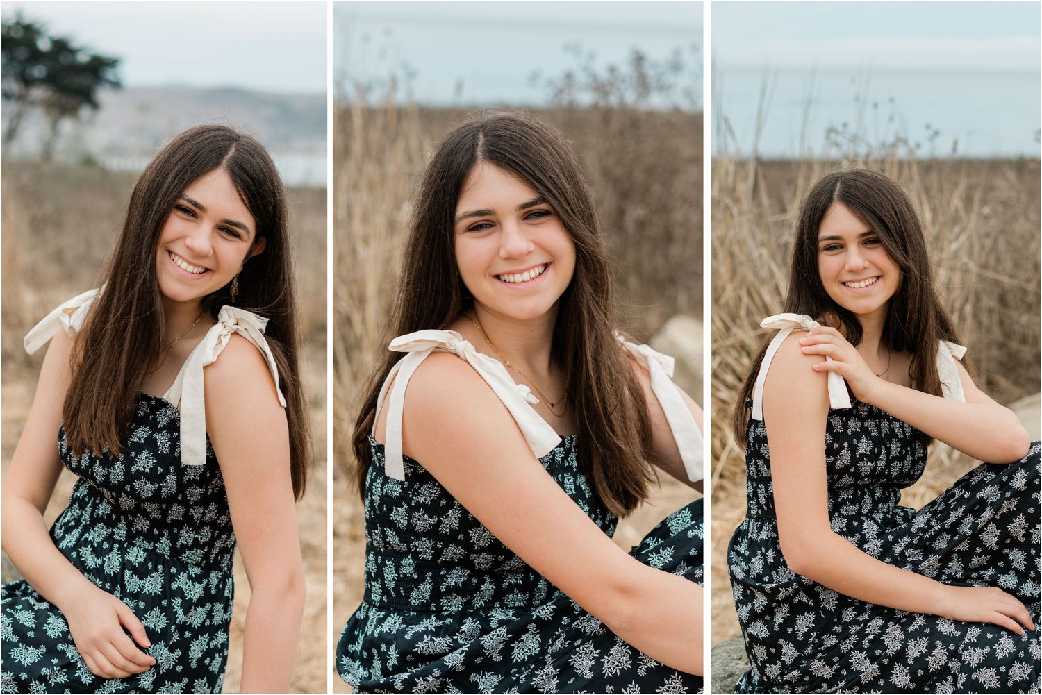 senior wearing black and white dress for senior session sitting on rock with ocean in the background for slo senior photo session