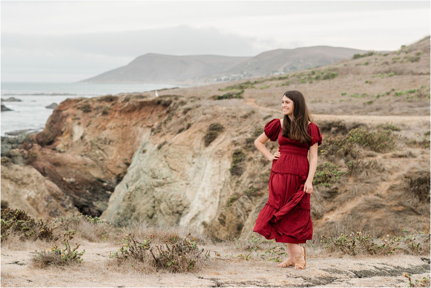 senior photo session in San Luis Obispo with slo high senior wearing red dress and sandles for senior session in slo county