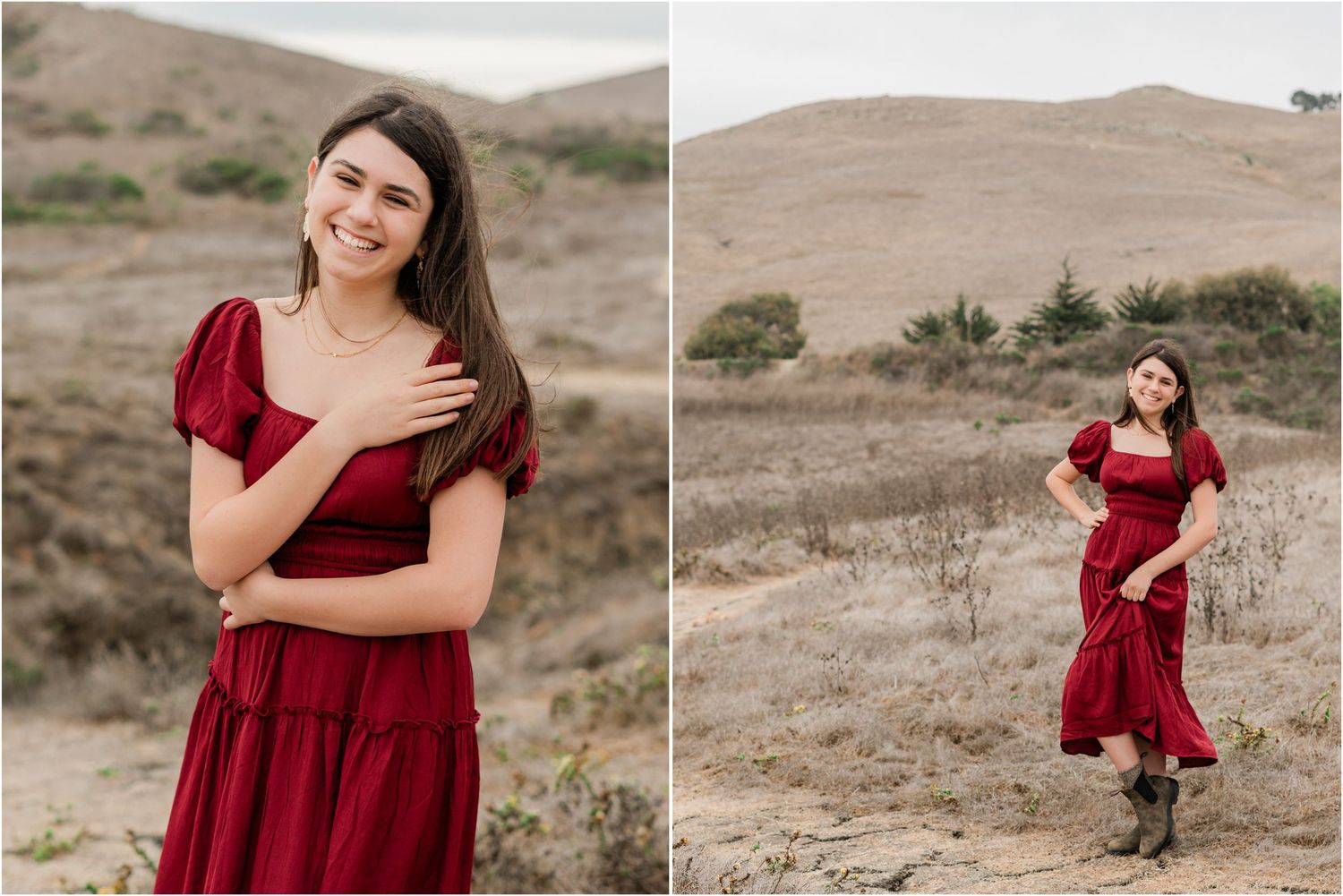 slo high senior in deep red dress for senior session on the central coast along the bluffs off of highway 1 slo senior photographer