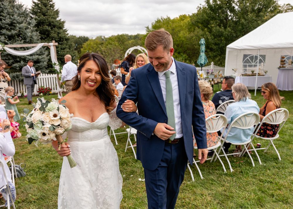 Just Married - Bride & Groom at backyard wedding garden ceremony in Omaha, Nebraska. - BrightSide Photography