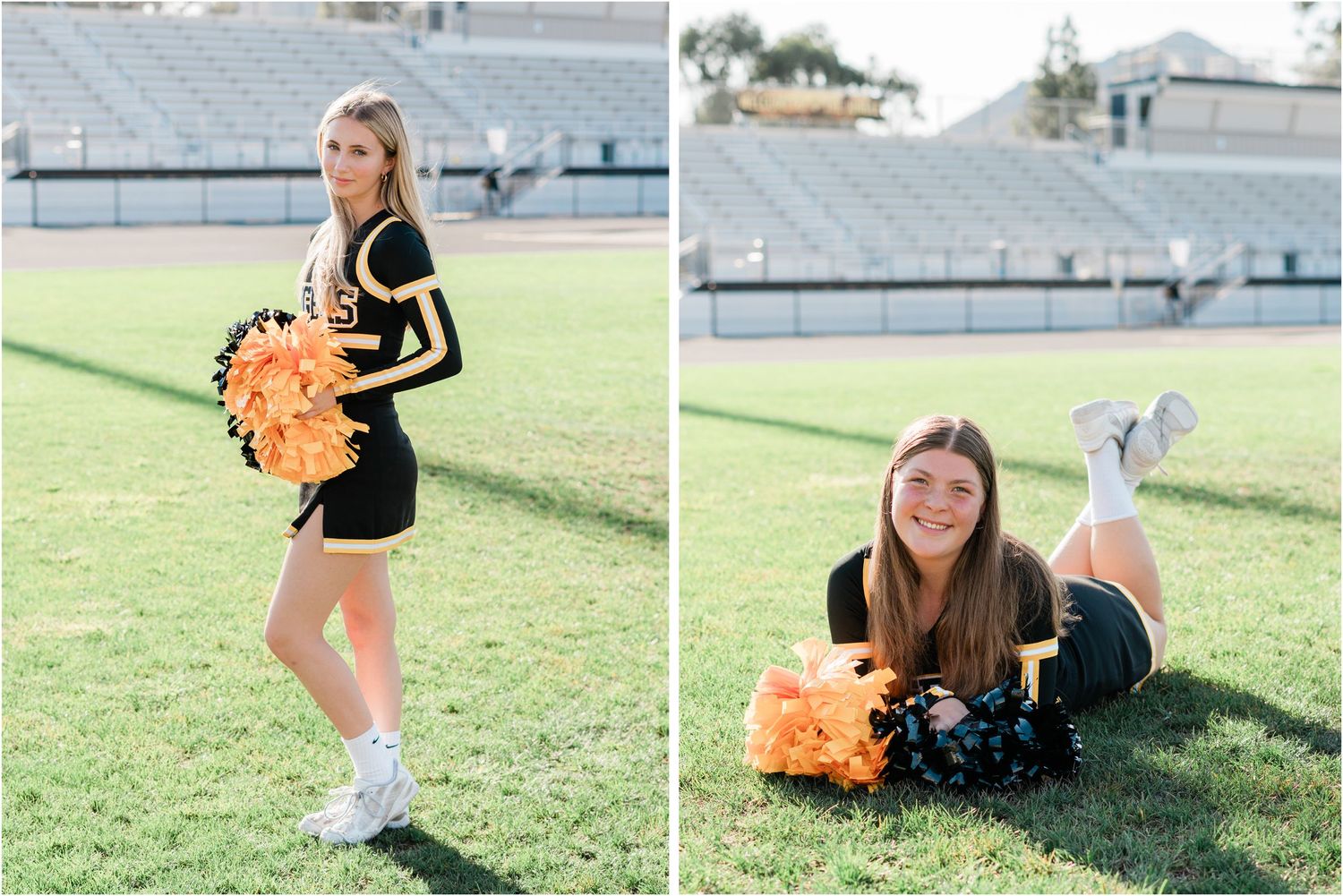 sophomore and junior on slo high varsity cheer at Holt stadium for cheer photos