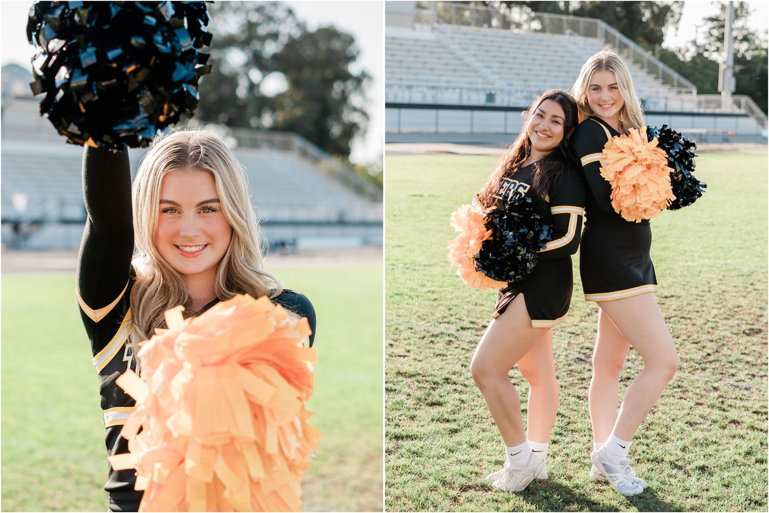 SLO High Varsity Cheer Senior portraits in black and yellow cheer uniforms with black and gold pom poms