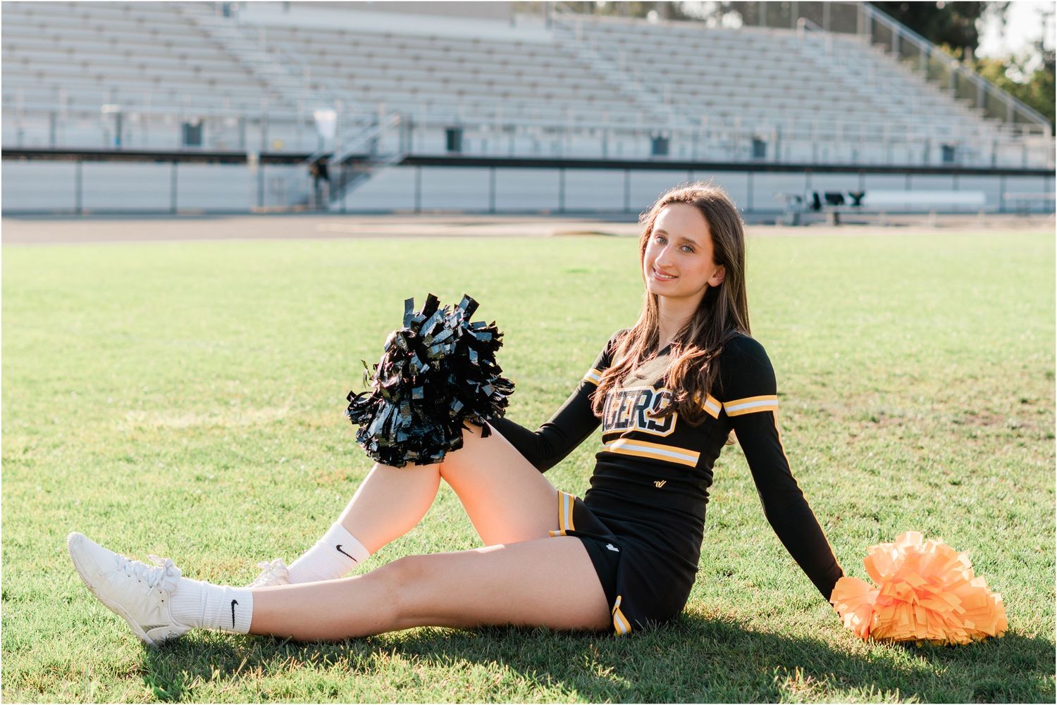 SLO High Varsity fall cheer team and individual photos on football field.
