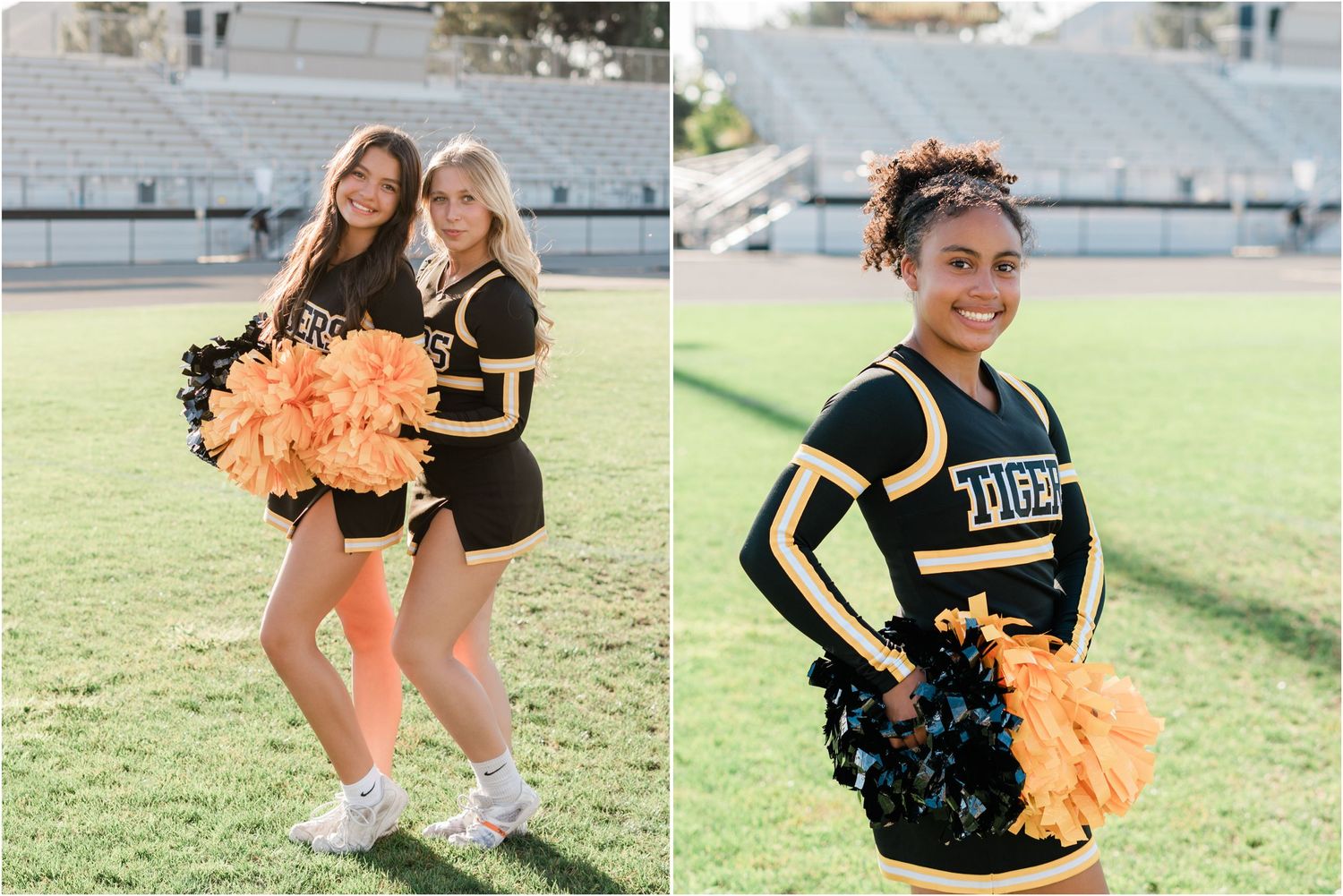 individual cheer portraits and group photos of slo high cheerleaders on varsity in black and gold cheer uniform at football stadium