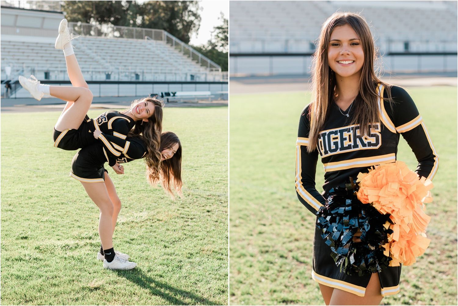 playful cheer photos with slo high varsity cheer teammates during fall photo shoot with san luis obispo varsity cheer