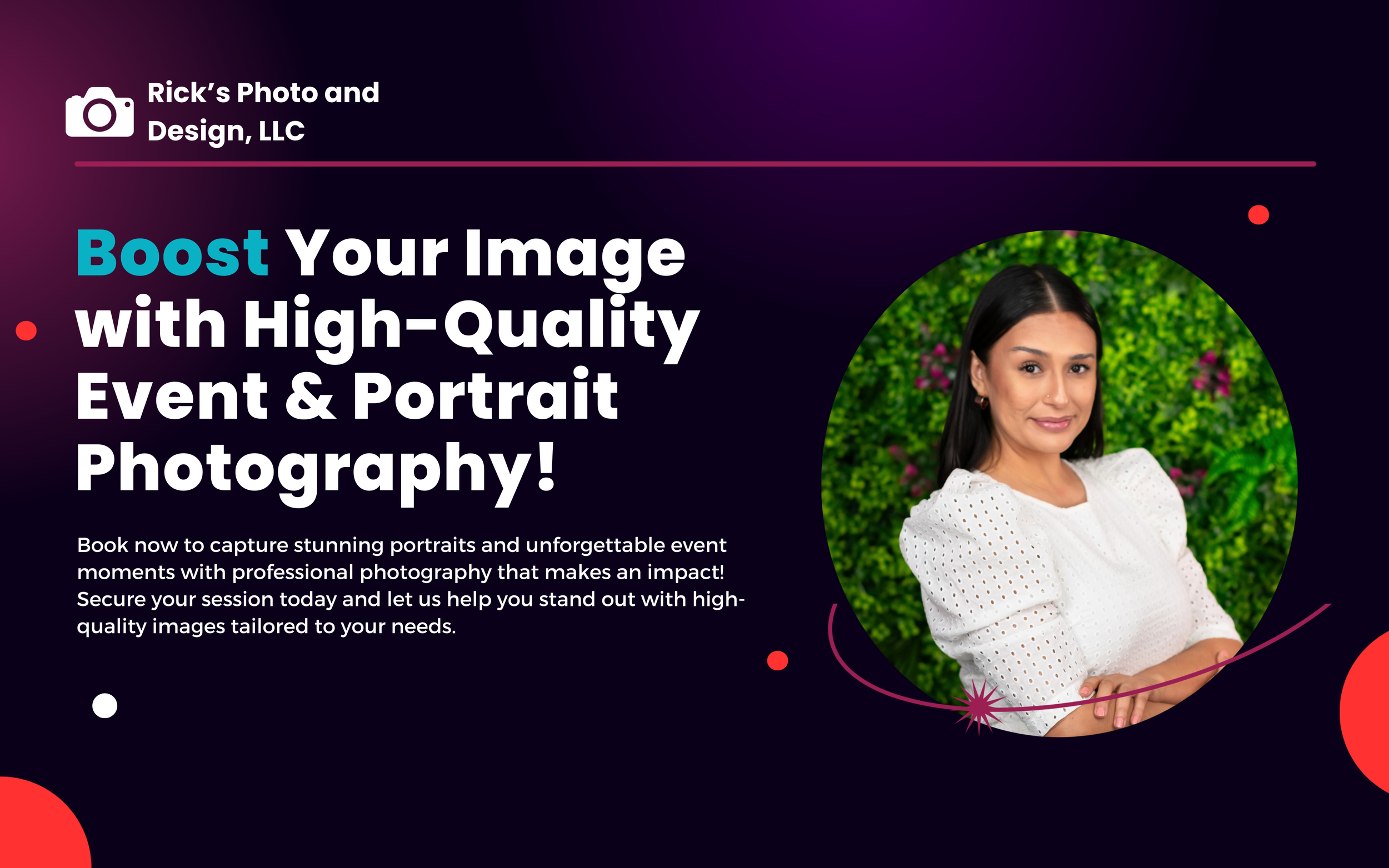 Professional photography landing page design featuring a vibrant portrait against an orange sunset background.